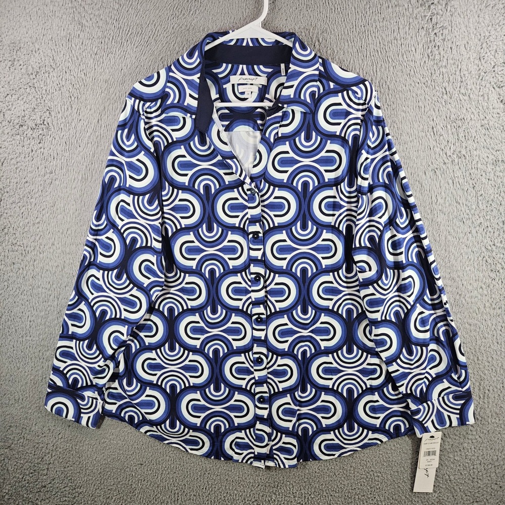 Foxcroft NYC Mary LS Arches Jsy Blue Geometric Button Down Shirt Womens 2X NEW
